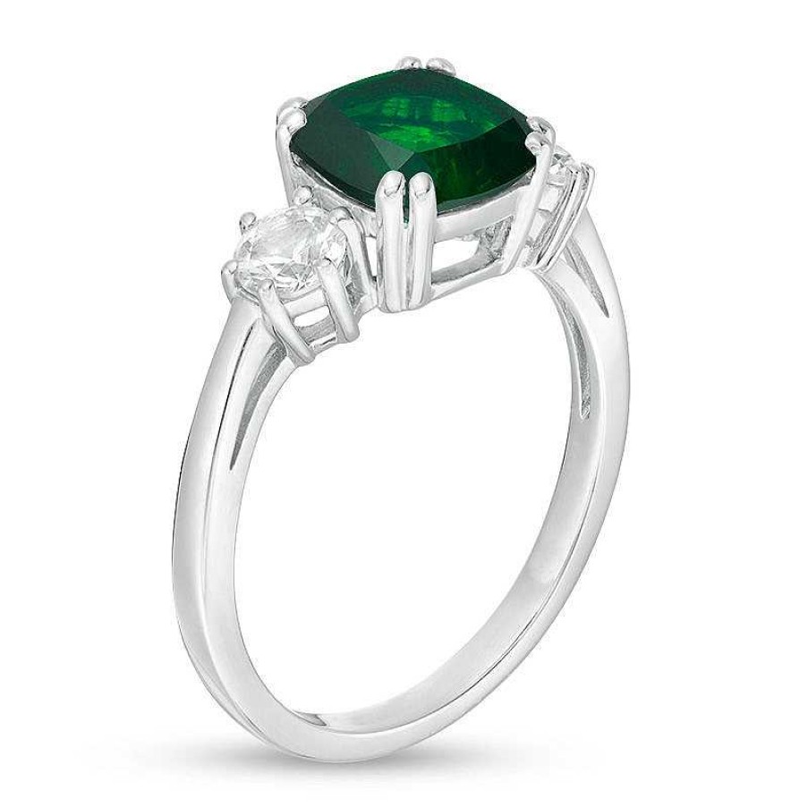 Rings Zales | 8.0Mm Cushion-Cut Green Quartz Doublet And 4.0Mm Lab-Created White Sapphire Three Stone Ring In Sterling Silver