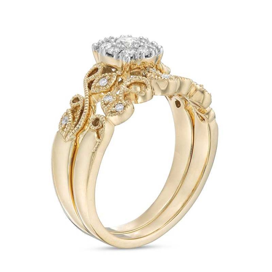 Rings Zales | 1/3 Ct. T.W. Diamond Frame Vintage-Style Vine Bridal Set In 10K Gold