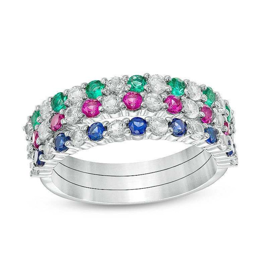 Rings Zales | Lab-Created Emerald, Ruby, Blue And White Sapphire Three Piece Stackable Ring Set In Sterling Silver