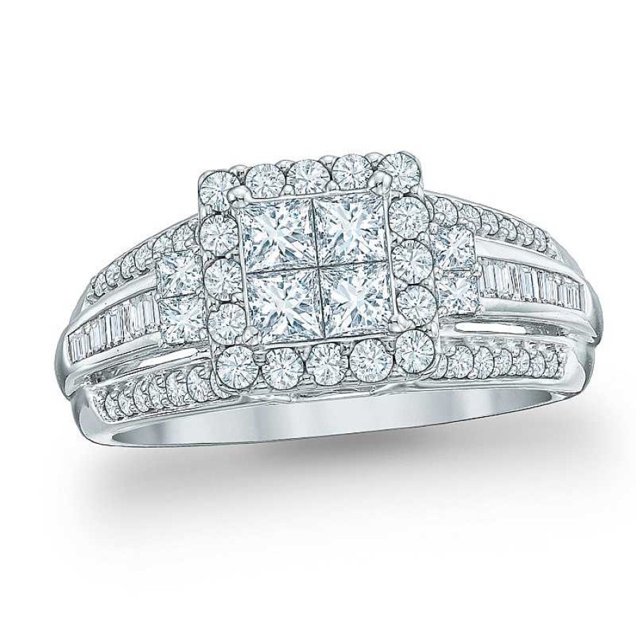 Rings Zales | 1 Ct. T.W. Quad Princess-Cut Diamond Frame Engagement Ring In 10K White Gold