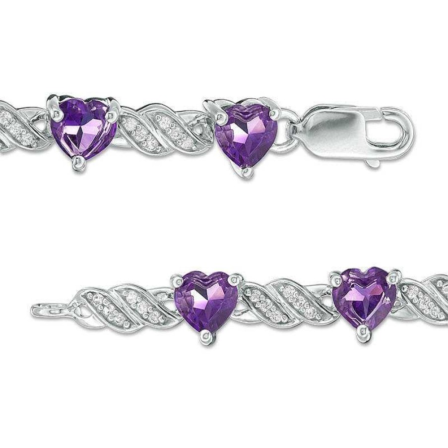 Bracelets Zales | 5.0Mm Heart-Shaped Amethyst And Lab-Created White Sapphire Twisted Ribbon Link Bracelet In Sterling Silver - 7.25"