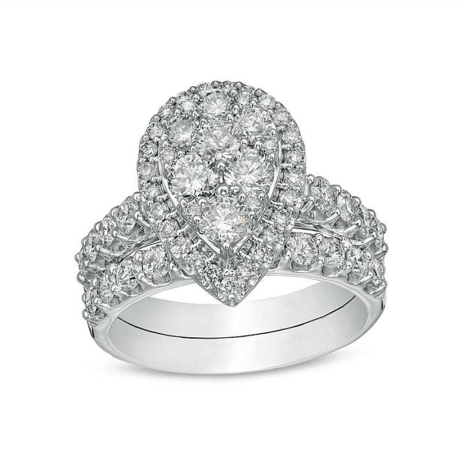 Rings Zales | 2 Ct. T.W. Pear-Shaped Multi-Diamond Frame Bridal Set In 14K White Gold