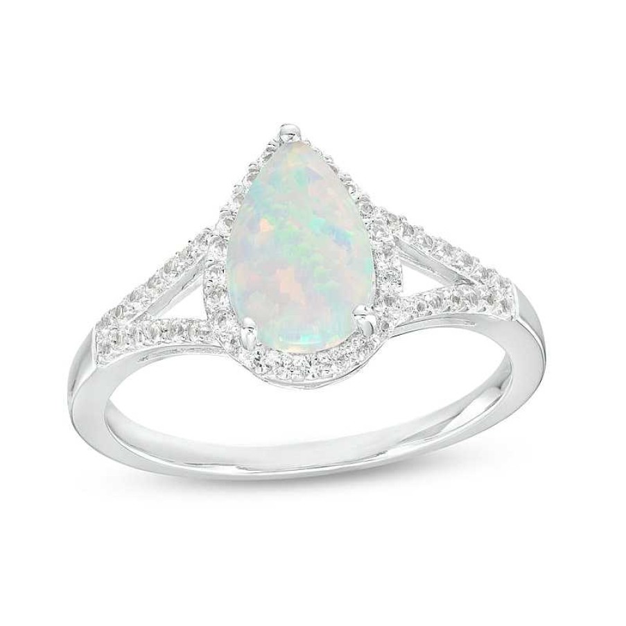 Rings Zales | Pear-Shaped Lab-Created Opal And White Lab-Created Sapphire Frame Split Shank Ring In Sterling Silver