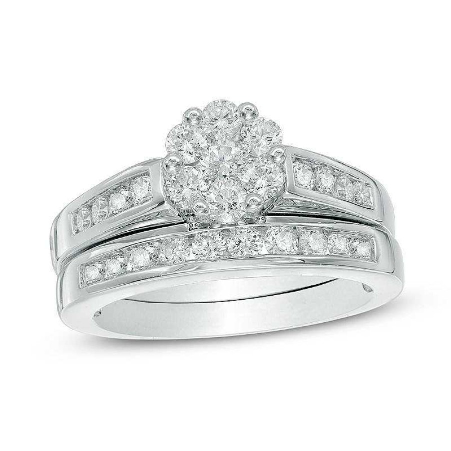 Rings Zales | 1 Ct. T.W. Multi-Diamond Flower Bridal Set In 10K White Gold