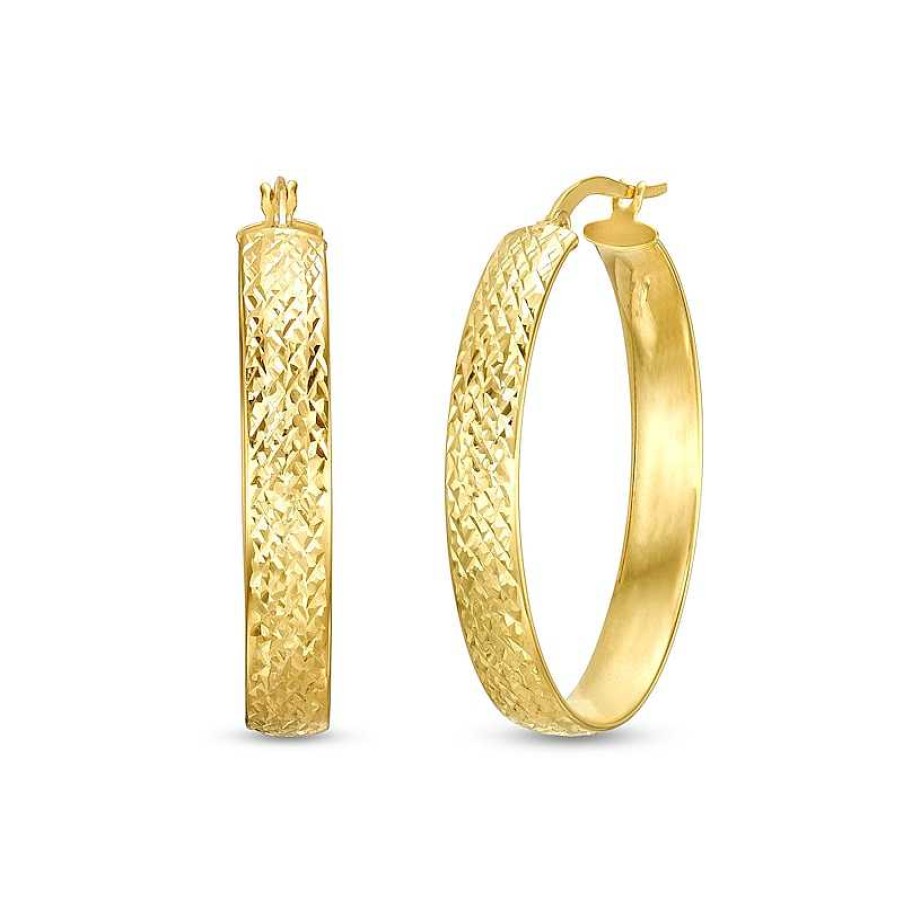 Earrings Zales | Oro Diamante™ 36.0Mm Diamond-Cut Oval Hoop Earrings In 14K Gold