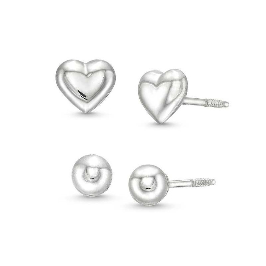 Earrings Zales | Child'S Polished Heart And Ball Stud Earrings Set In 14K White Gold