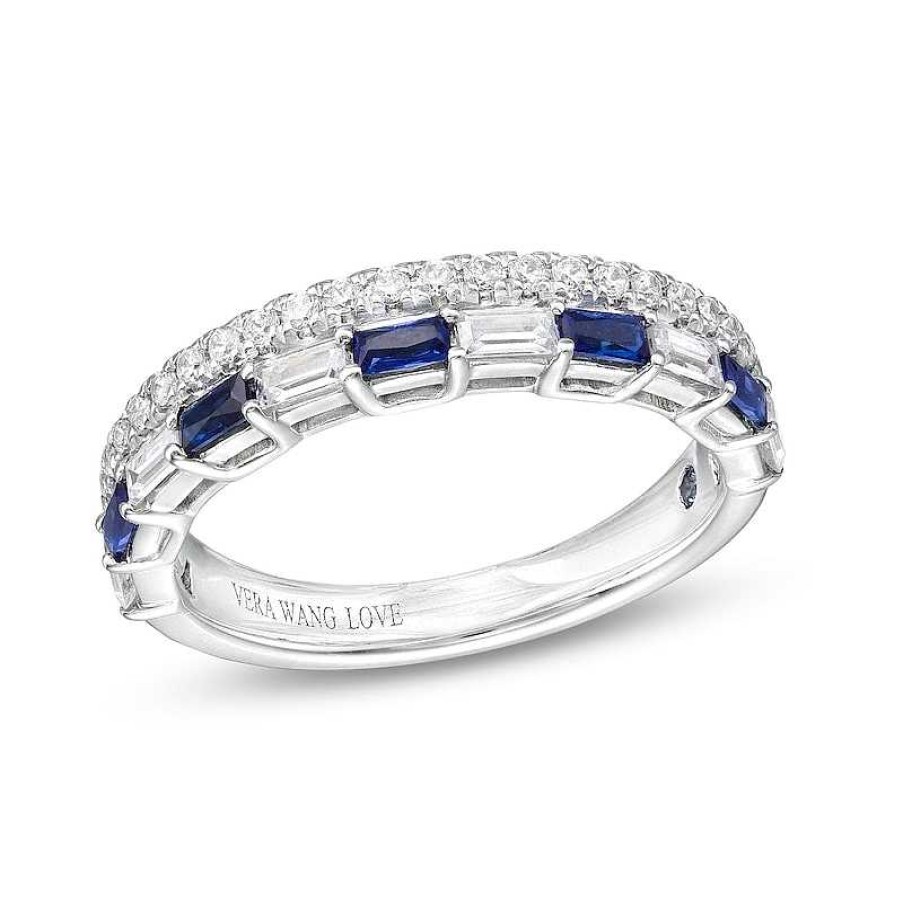 Rings Zales | Vera Wang Love Collection 3/8 Ct. T.W. Diamond And Blue Sapphire Stacked Band In 14K White Gold