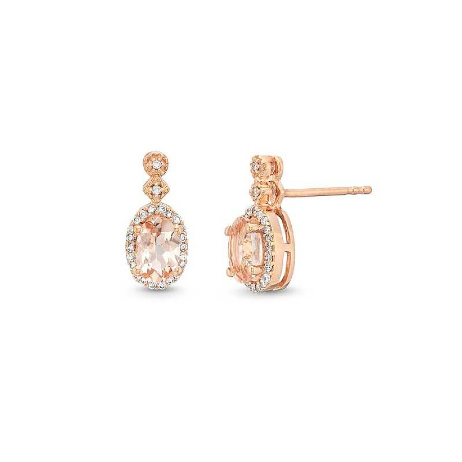 Earrings Zales | Oval Morganite And 1/8 Ct. T.W. Diamond Frame Art Deco Drop Earrings In 10K Rose Gold