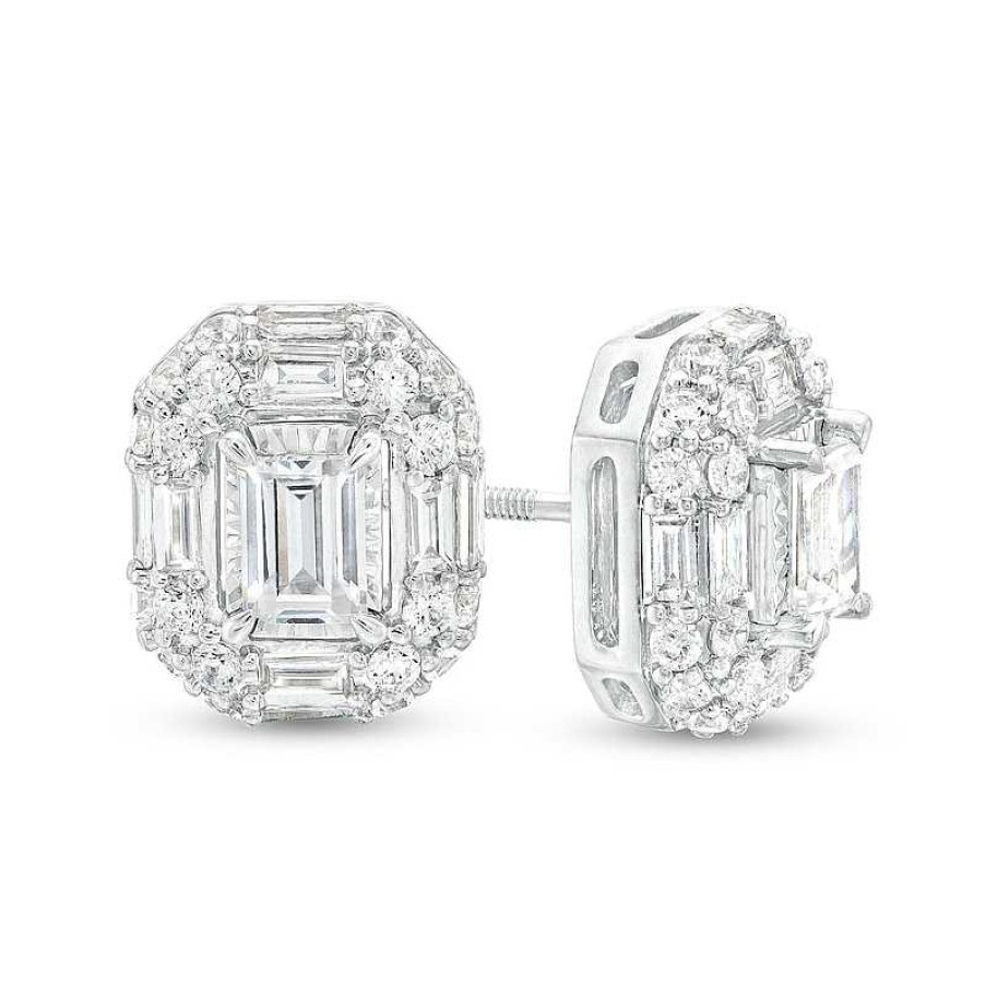 Earrings Zales | 2 Ct. T.W. Certified Emerald-Cut Lab-Created Diamond Double Frame Stud Earrings In 14K White Gold (F/Si2)