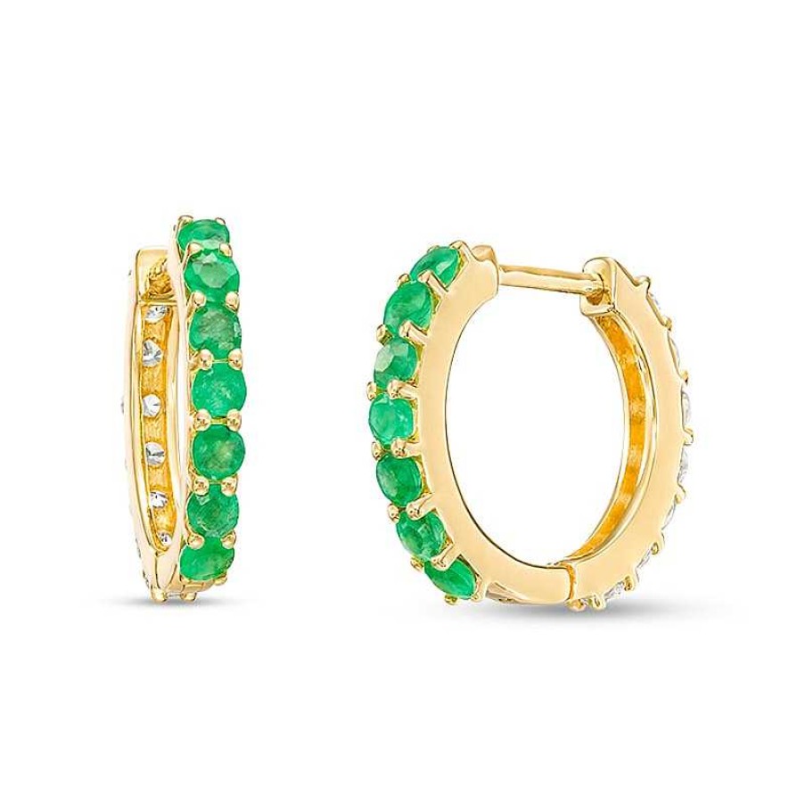 Earrings Zales | Emerald And White Sapphire Reversible Huggie Hoop Earrings In 10K Gold