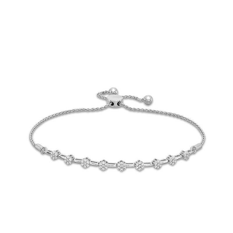 Bracelets Zales | 1/3 Ct. T.W. Multi-Diamond Flower Bolo Bracelet In Sterling Silver - 9.5"