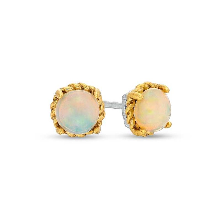 Earrings Zales | 6.0Mm Opal Solitaire Rope-Textured Frame Stud Earrings In Sterling Silver And 10K Gold