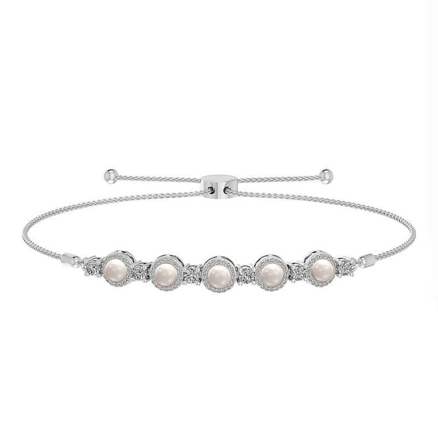 Bracelets Zales | Cultured Freshwater Pearl, Lab-Created White Sapphire And Diamond Accent Frame Bolo Bracelet In Sterling Silver - 9.5"