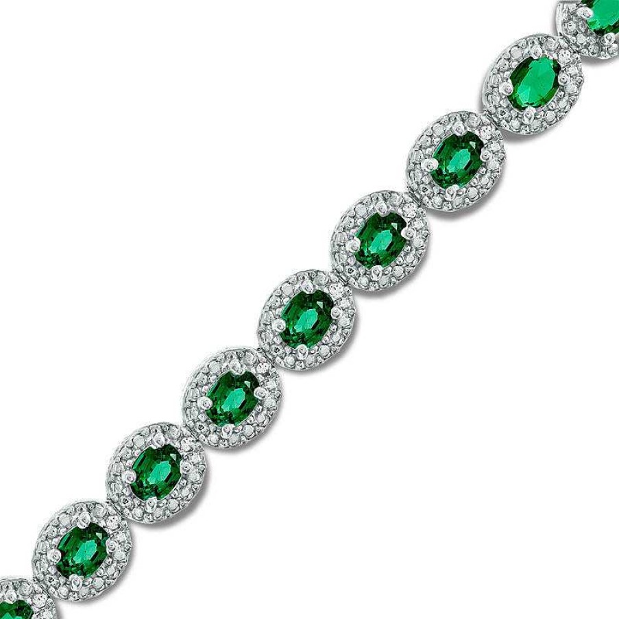 Bracelets Zales | Oval Lab-Created Emerald And Diamond Accent Frame Bracelet In Sterling Silver - 7.5"