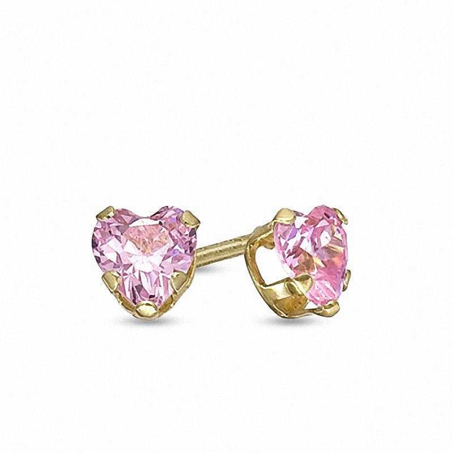 Earrings Zales | Child'S 4.0Mm Heart-Shaped Pink Crystal Stud Earrings In 14K Gold