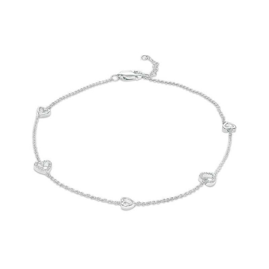 Bracelets Zales | 1/10 Ct. T.W. Diamond Open Heart Station Anklet In Sterling Silver – 10"