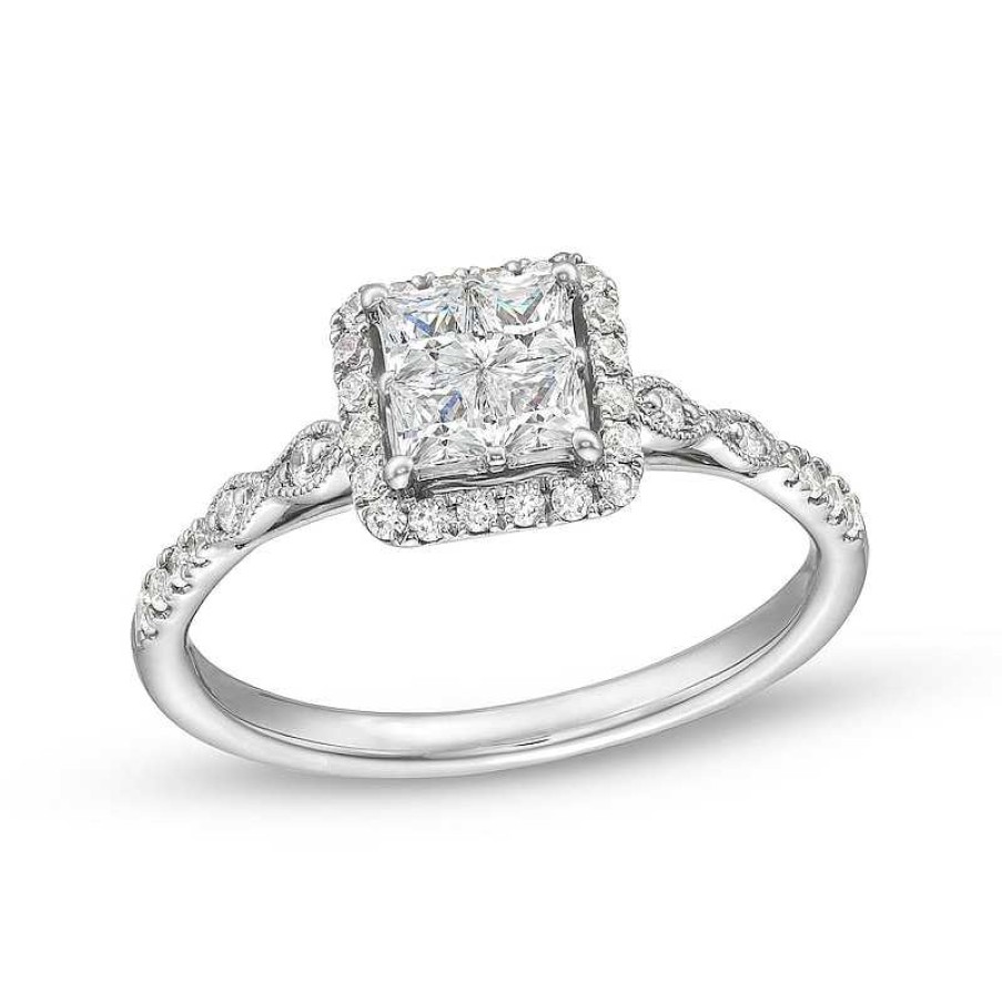 Rings Zales | 1/2 Ct. T.W. Quad Princess-Cut Diamond Cushion Frame Marquise Vintage-Style Engagement Ring In 14K White Gold