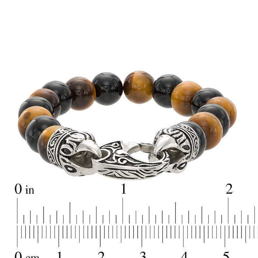 Bracelets Zales | Men'S Tiger'S Eye And Onyx Bead Stainless Steel Stretch Bracelet - 8.5"