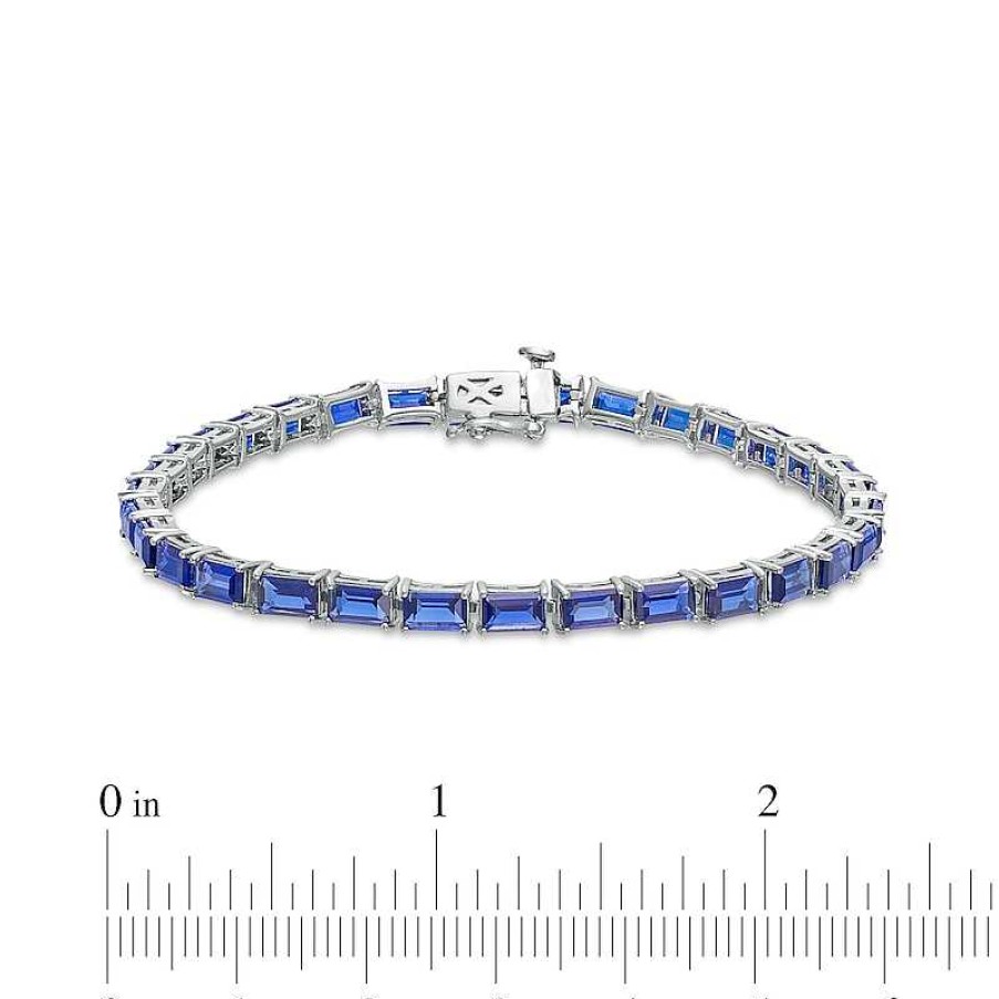 Bracelets Zales | Baguette Blue Lab-Created Sapphire Line Bracelet In Sterling Silver - 7.25"