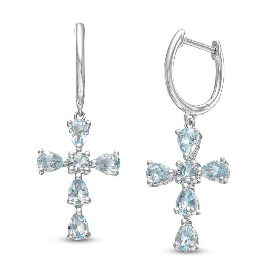 Earrings Zales | Pear-Shaped And Round Aquamarine Cross Drop Earrings In Sterling Silver