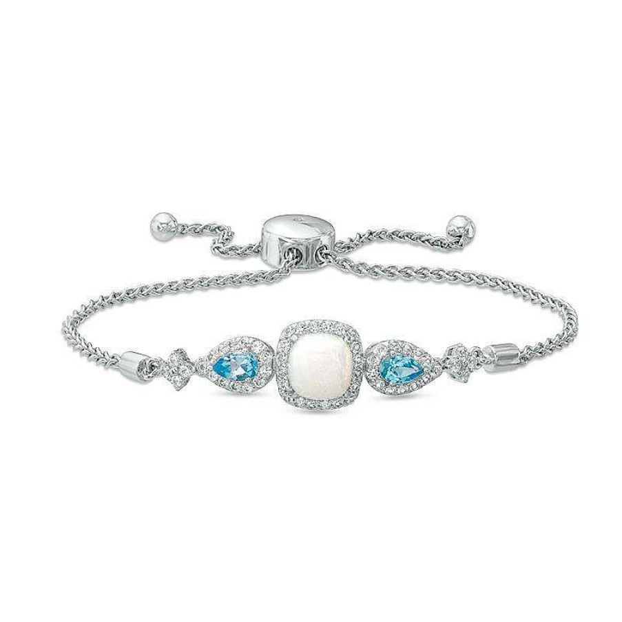 Bracelets Zales | 7.0M Cushion-Cut Lab-Created Opal And White Sapphire Frame With Swiss Blue Topaz Bolo Bracelet In Sterling Silver - 9.0"