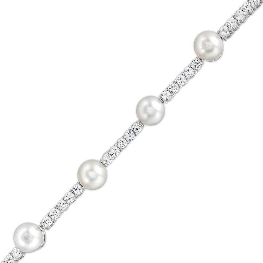 Bracelets Zales | Cultured Freshwater Pearl And White Lab-Created Sapphire Station Line Bracelet In Sterling Silver - 7.25"