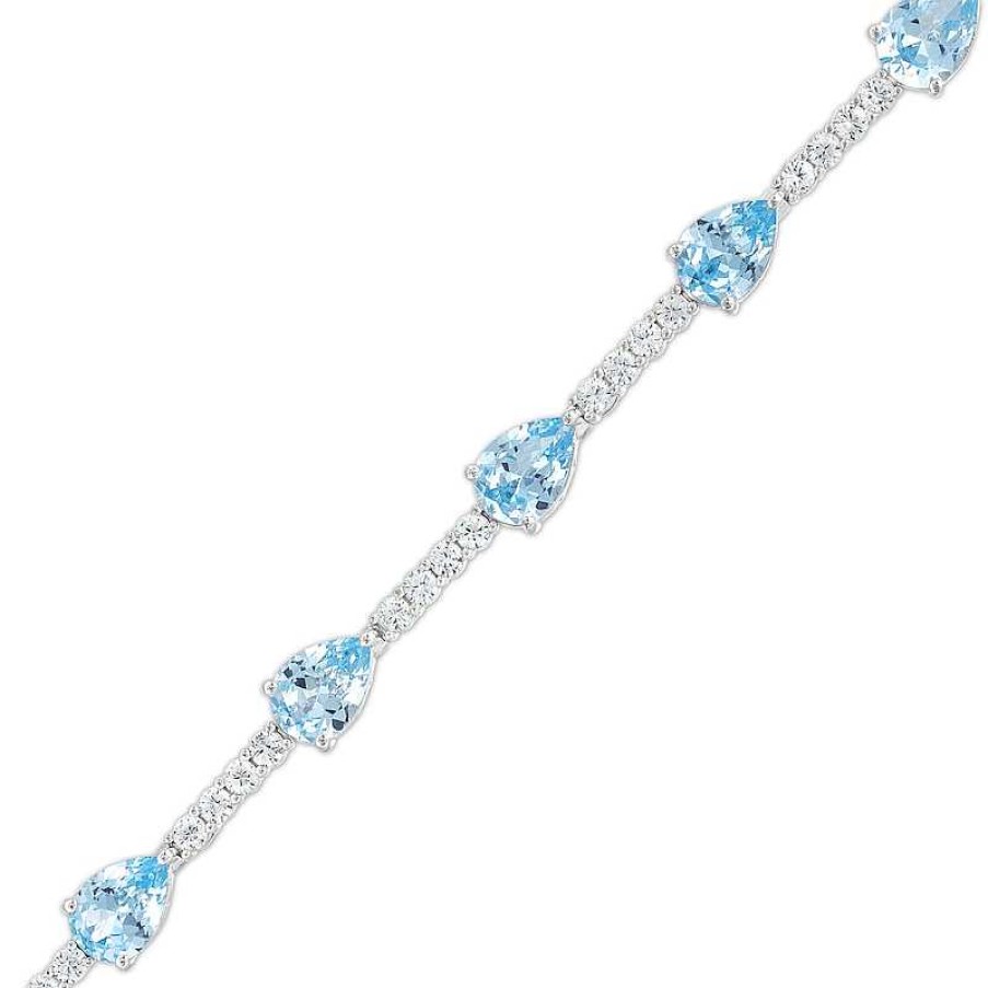 Bracelets Zales | Pear-Shaped Blue Lab-Created Spinel And White Lab-Created Sapphire Station Line Bracelet In Sterling Silver - 7.25"