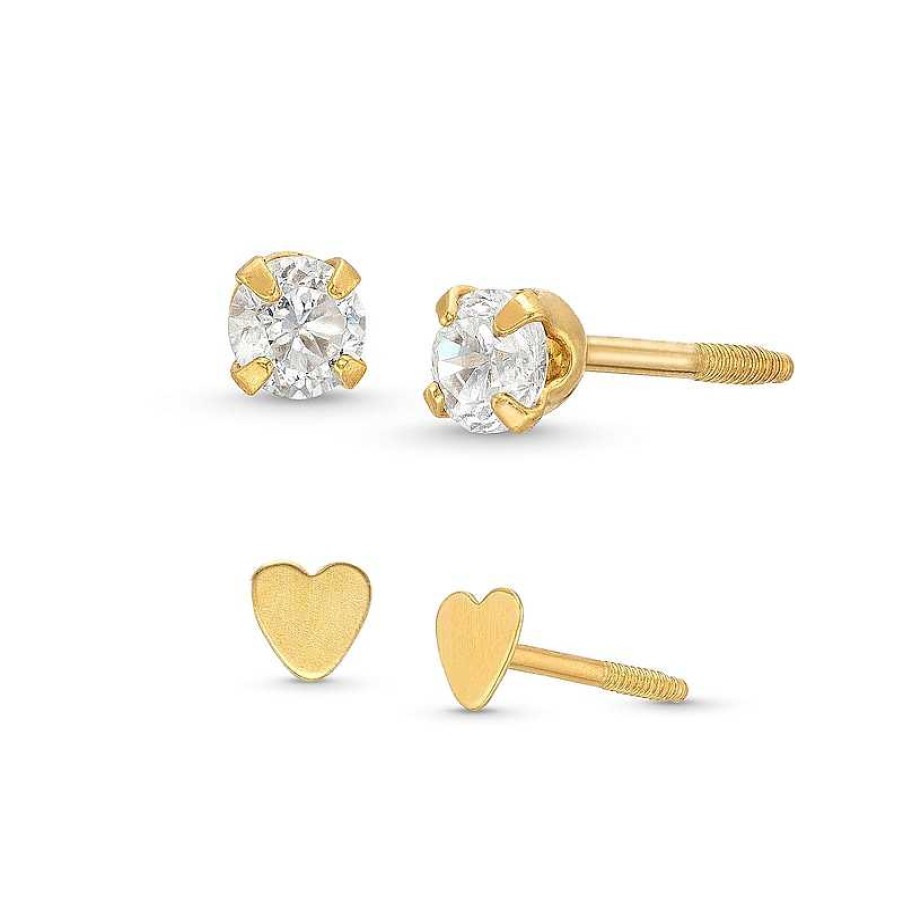 Earrings Zales | Child'S Cubic Zirconia Solitaire And Flat Heart Stud Earrings Set In 14K Gold