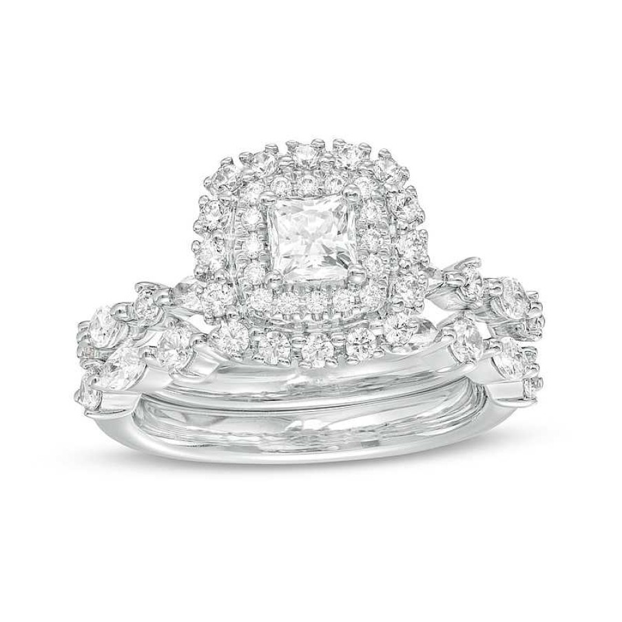 Rings Zales | 1-3/8 Ct. T.W. Certified Princess-Cut Diamond Double Frame Bridal Set In 14K White Gold (I/I1)