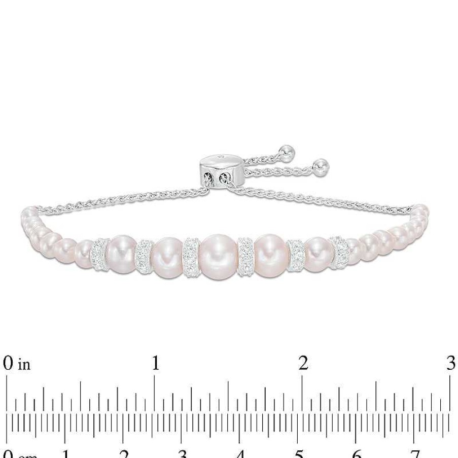 Bracelets Zales | 3.0 - 8.0Mm Cultured Freshwater Pearl And Lab-Created White Sapphire Graduated Bolo Bracelet In Sterling Silver - 9.0"