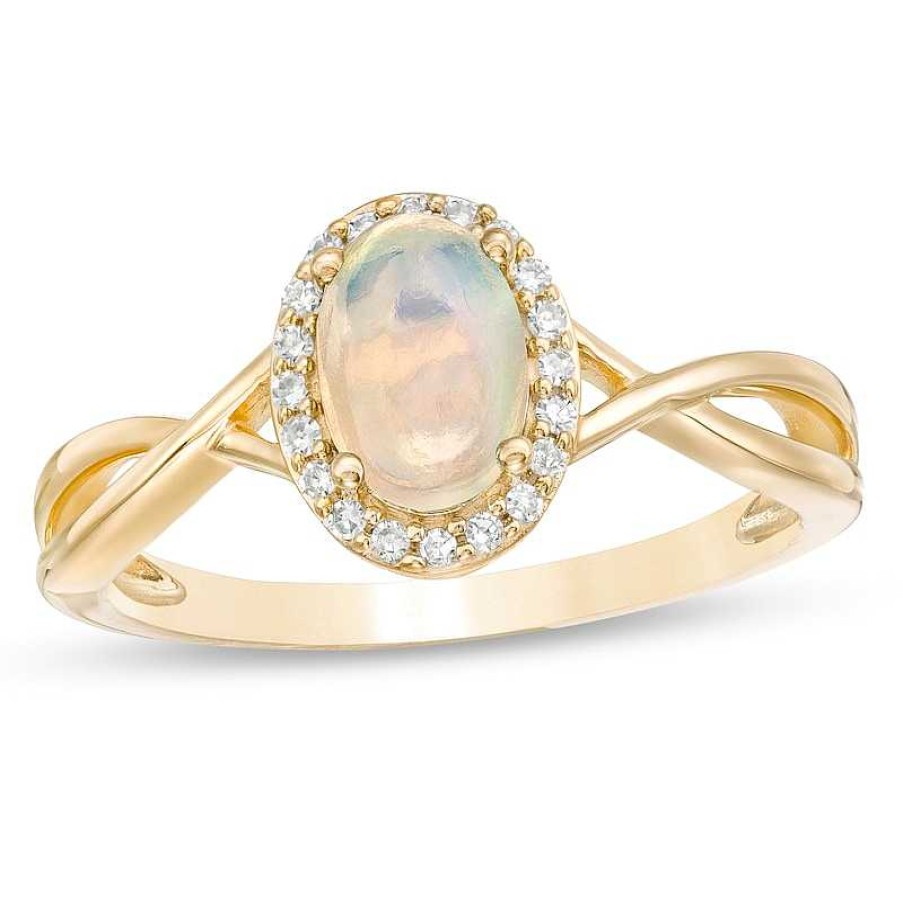 Rings Zales | Oval Opal And 1/15 Ct. T.W. Diamond Frame Twist Shank Ring In 10K Gold